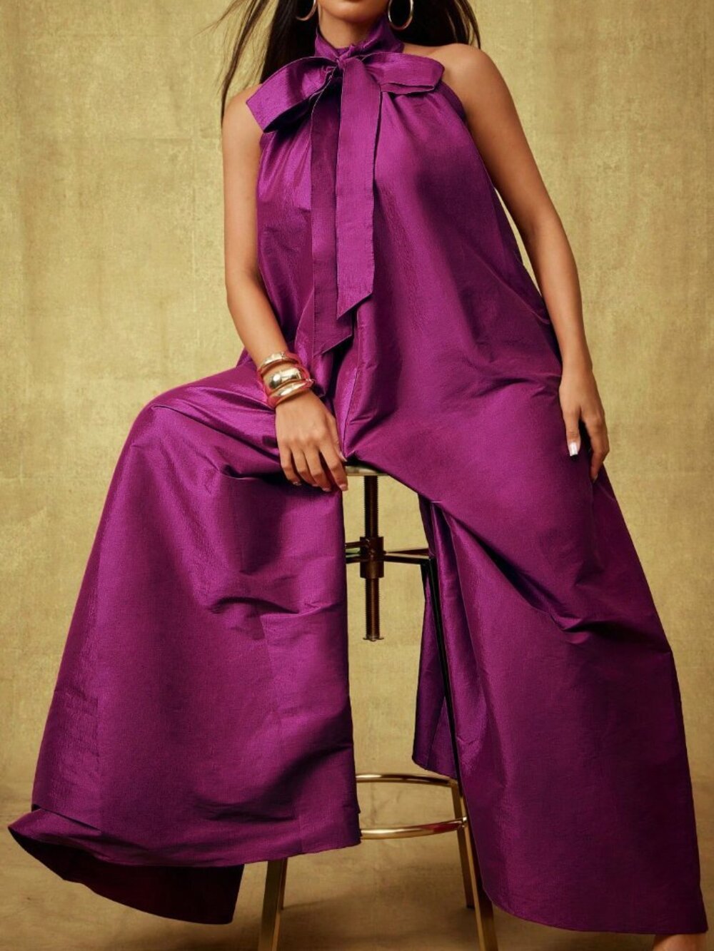Purple Elegant Women's Taffeta Bow Tie Halter Neck Extra Wide Leg Jumpsuit - Picture 3 of 5